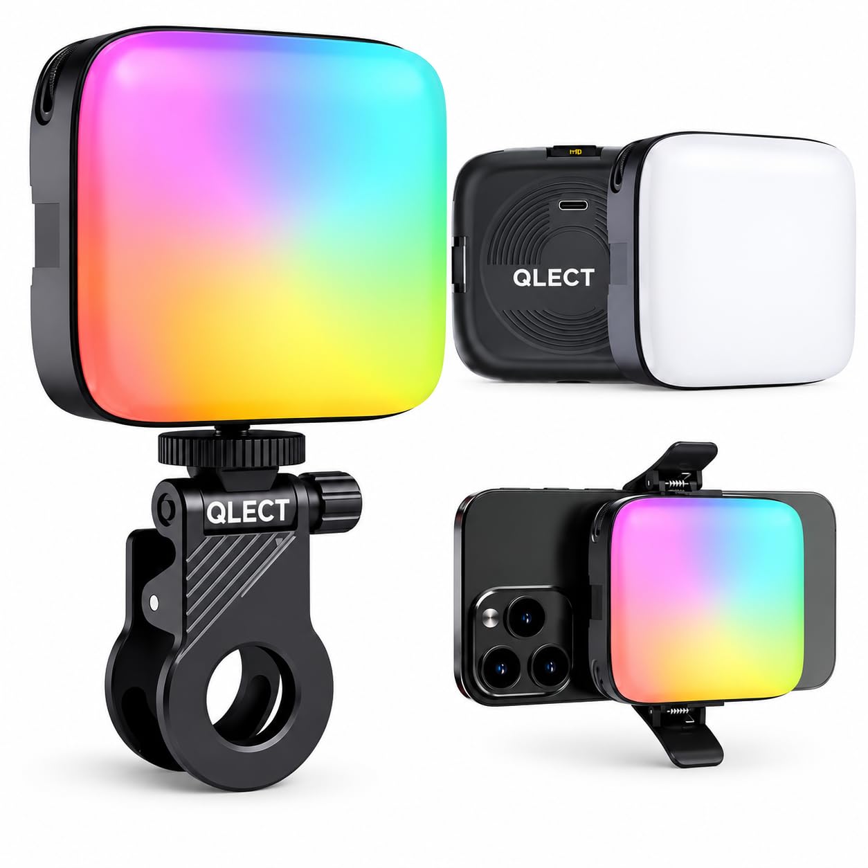 qlect selfie light for mobile phone | rechargeable portable led video light | clip-on camera light with hot shoe | vlogging, makeup, photography, youtube recording