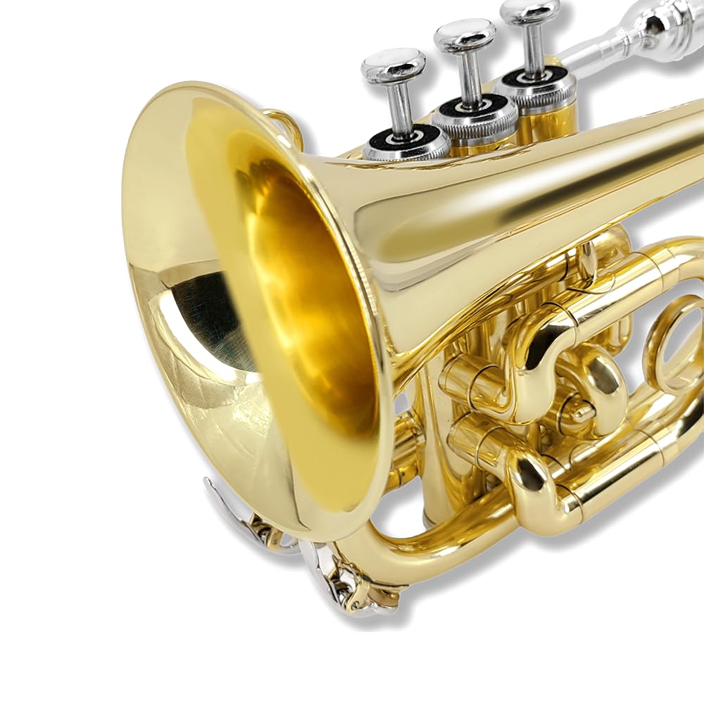 Trompette de poche en laiton nickelé avec embouchure 7C, kit de nettoyage, étui de transport, gants pour débutants/étudiants (doré)