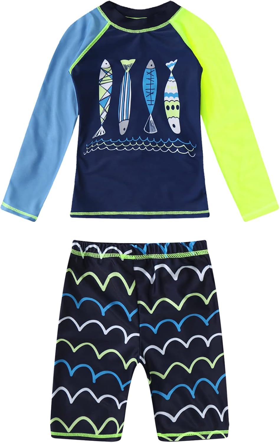 Boys 2 Pieces Shark Swimsuit Long Sleeve Rashguard Shirt with Boardshorts
