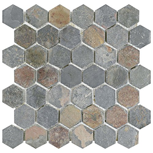Somertile Scrhxsm Cliff Hexagon Multi Slate Natural Stone Mosaic Floor And Wall Tile, 12" X 12", Grey/Red/Orange/Brown/Yellow #TOP1