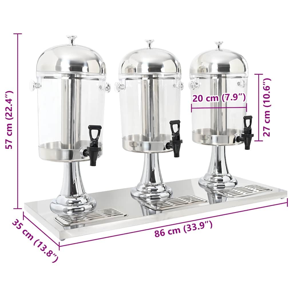 Mangloder - Dispenser di bevande a 3 scomparti in acciaio inox, 3 x 8 litri, dispenser per acqua, succo con rubinetto, vaschetta raccogligocce e cilindro per cubetti di ghiaccio, per bar, buffet