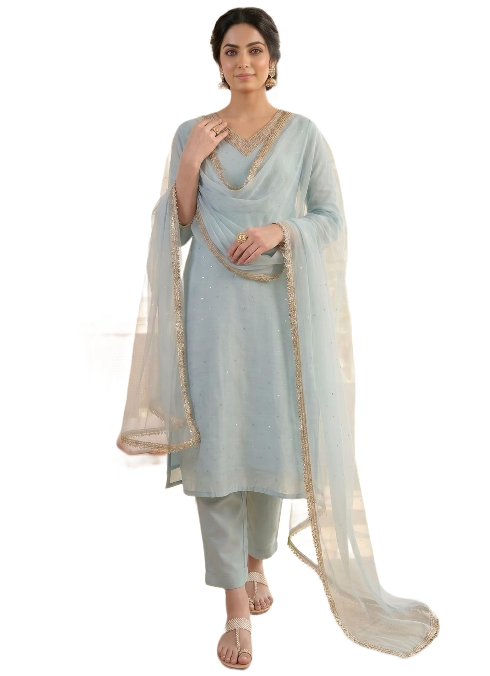 shrithi fashion fab Women's Chanderi Cotton Silk with Zari Embroidery Kurta & Silk Crepe Pant Set And Net Dupatta Ethnic Wear Salwar Suit Set |chanderi silk kurta set for women-picture-12