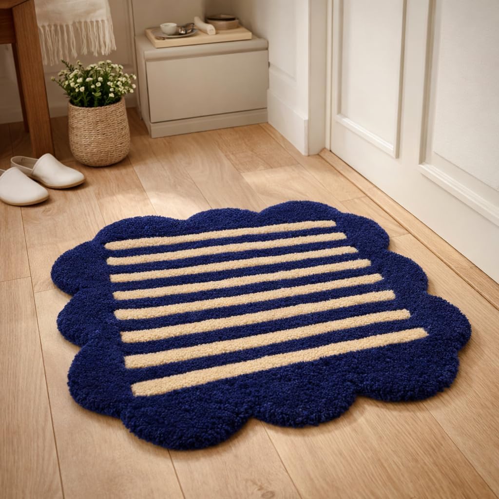 Handmade Wool Area Rug with Striped Pattern and Scalloped Edge, Handwoven Soft Wool Carpet for Living Room, Bedroom & Home Décor (Blue & Beige, 1x1ft (Sample Rug))