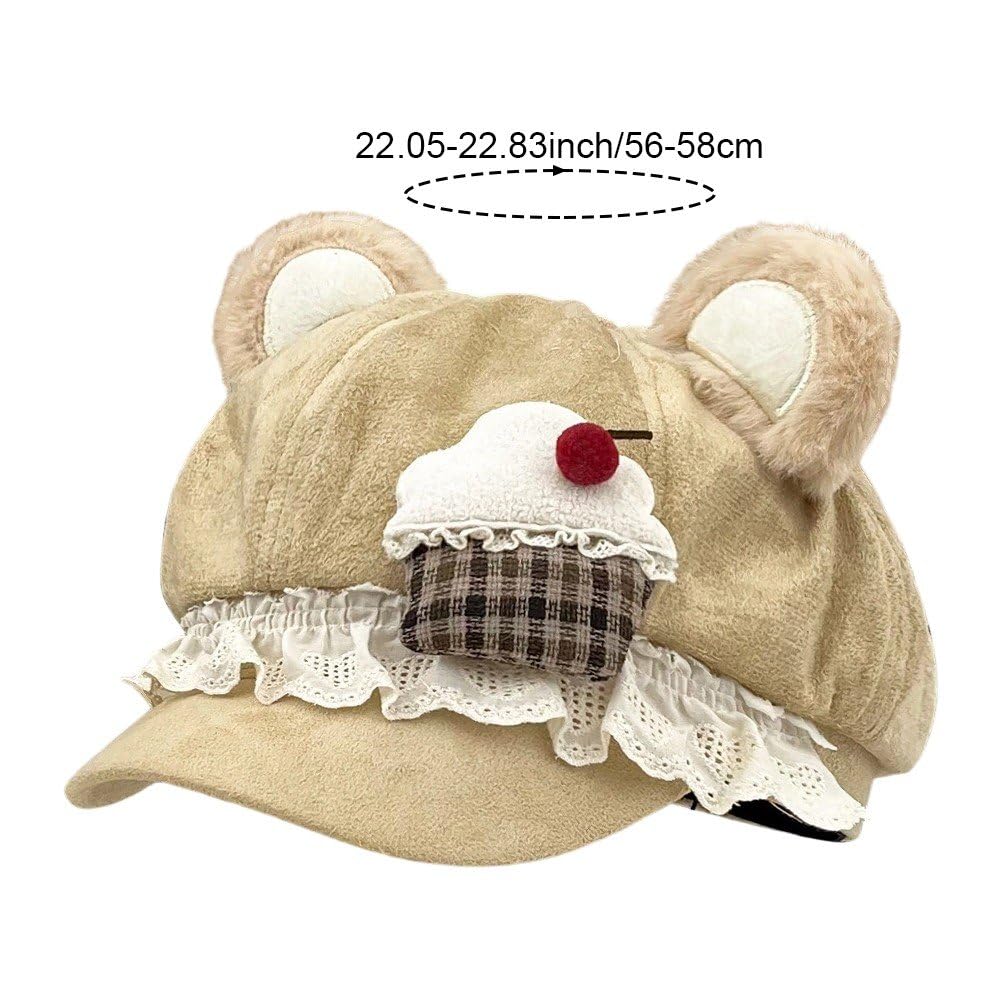 Béret Lolita Sweet pour Femme, Béret d'hiver en Dentelle, Bonnet À Oreilles d'ours Mignon, Chapeau De Peintre À Gâteaux en Dentelle, Accessoires pour Kawaii