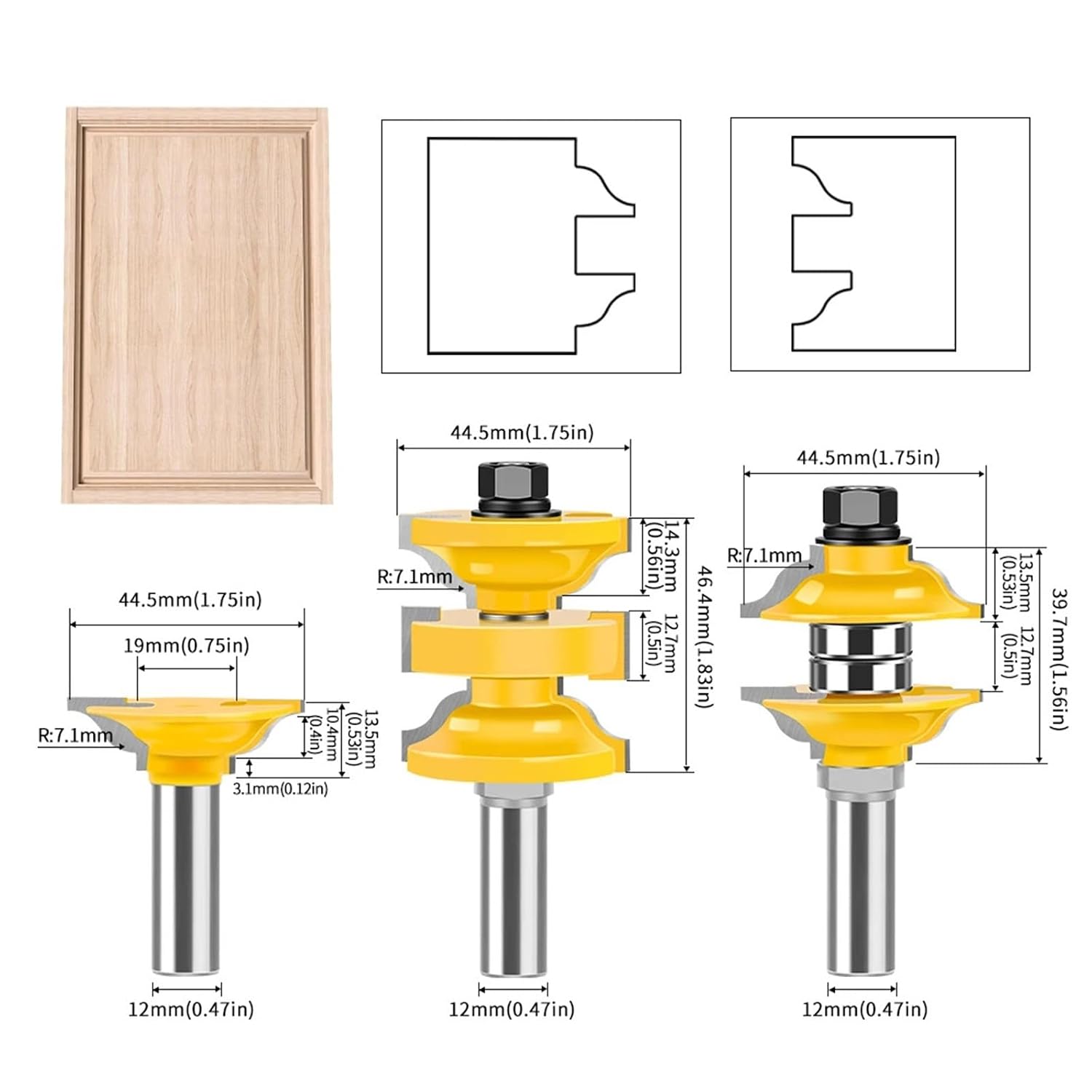 12mm 8mm 12.7mm Shank Entry Interior Tenon Door Router Bit Set Matched Router Bits Carving for Wood 1Set(12mm Shank)