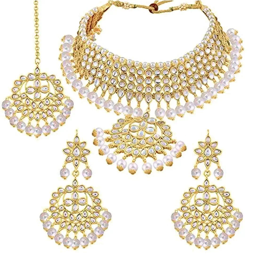 GenericIndian traditional wedding dulhan jewelry sets with earrings and maang tika
