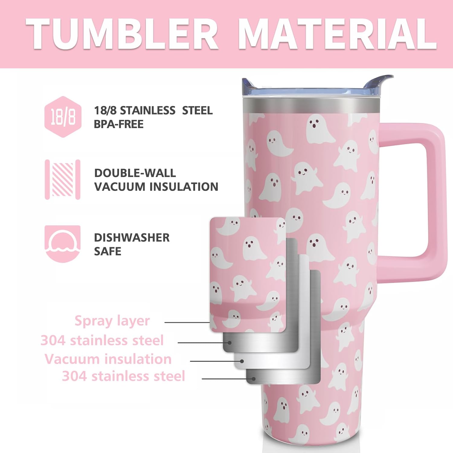 Halloween Ghosts 40 Oz Tumbler with Handle and Straw, Cute Spooky Stainless Steel Insulated Cup Water Bottle, Holiday Gifts for Women Girls (1PC) - Image 3