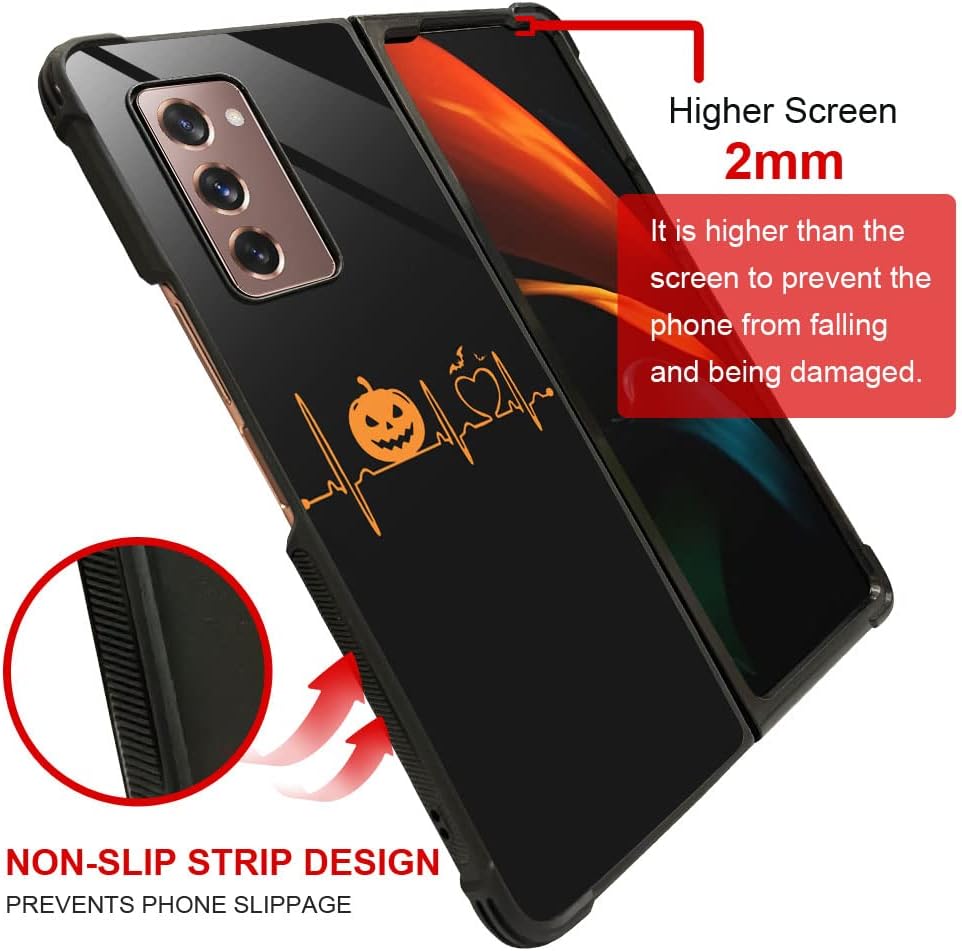 ZHEGAILIAN Compatible with Samsung Galaxy Z Fold2 5G Case,Pattern Design Hard PC Back Cover Non-Slip Shock Absorption Protective Case for Samsung Galaxy Z Fold2 for Women-Halloween Pumpkin Heartbeat