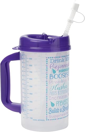 Vaso de hospital con seguimiento de agua de bebida para medición diaria de ingesta con pajilla, taza de 32 onzas con tapa (morado)