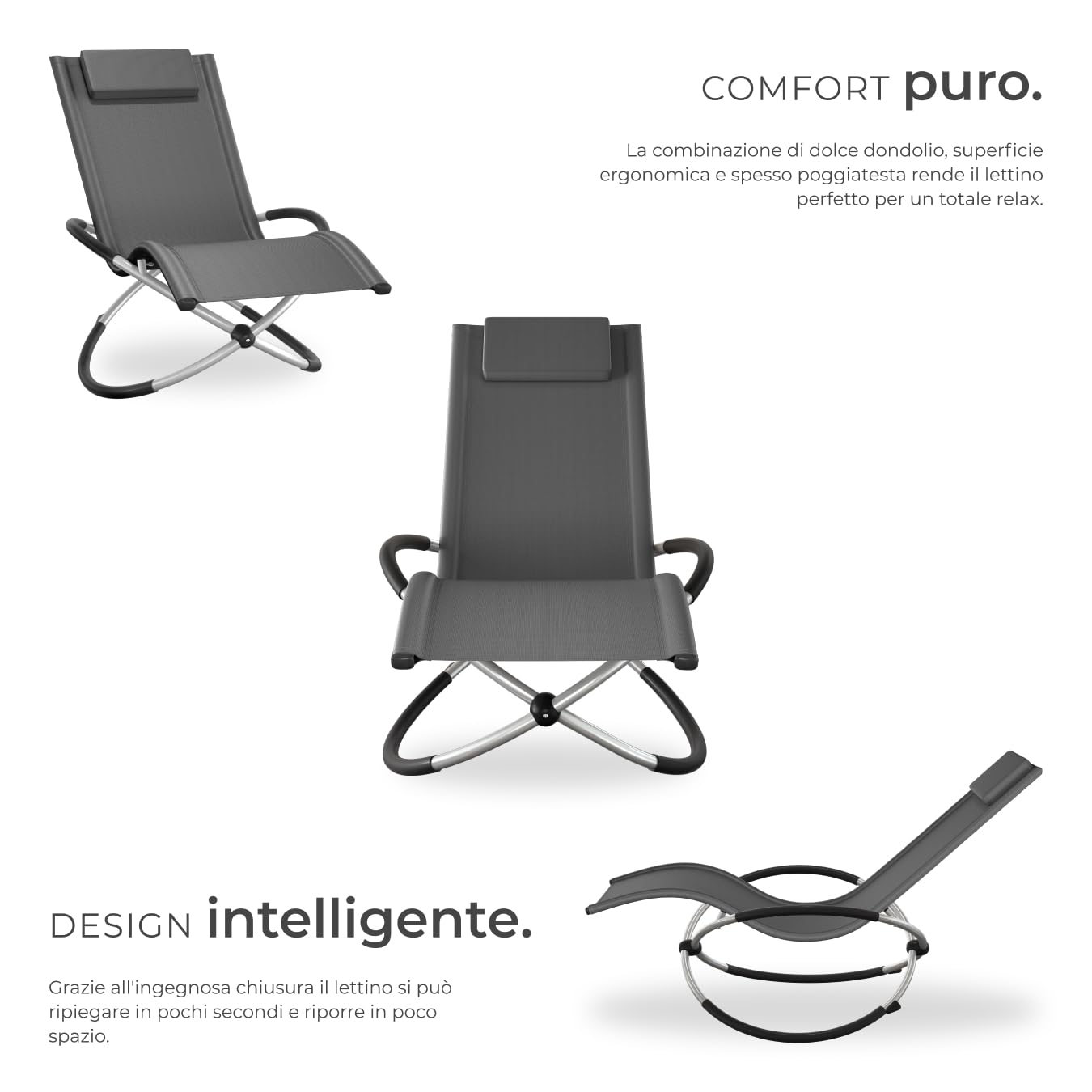 Lettino Giardino Ergonomico Pieghevole Con Cuscino Portata 150kg Anti-Ribaltamento Grigio