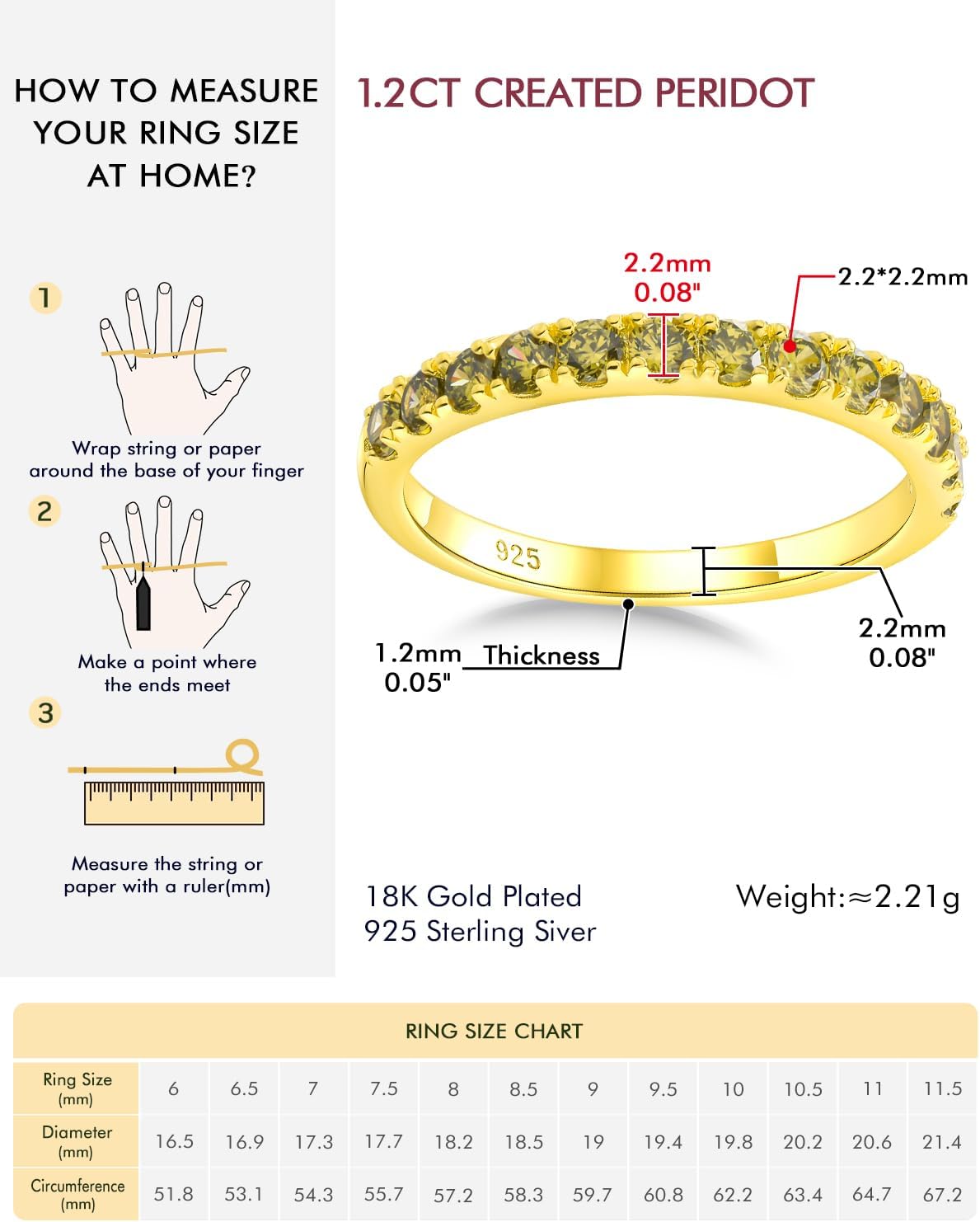DAYBYDAY Peridot Band Ring Thin Half Eternity Band 2mm Stackable Rings for Women August Birthstone Stacking Ring Size 8