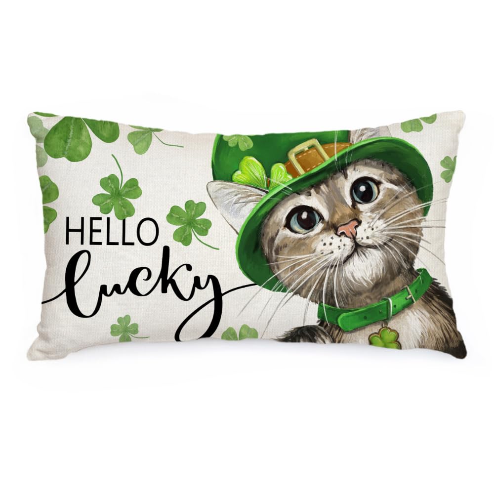 St. Patrick's Day Lumbar Pillow Cover 12x20 Inch - Farmhouse Lucky Charm Decor, Green Shamrock Cushion Case For Sofa & Spring