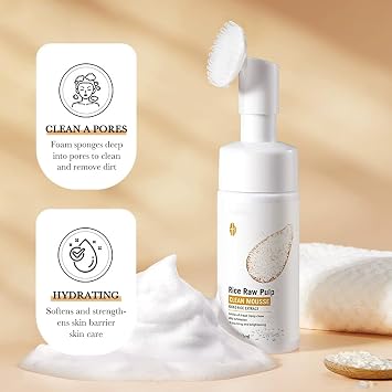 Rice Cleansing Foam Rice Cleansing Mousse Face Cleanser Rice Facial Cleansing with Silicone Cleaning Brush Face Blackheads Deep Cleansing Pore Cleanser 120 ml Cleanser (4)