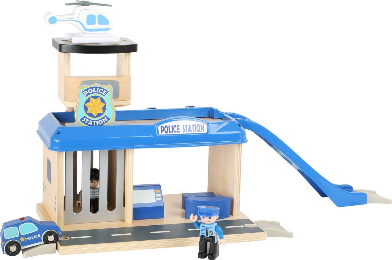 Wooden Police Station Playset by Small Foot – Multilevel Activity Center with Helicopter Pad, Prison, Monitor Room & Road – Pretend Play Toy Develops Motor Skills & Creativity – Age 3+ Years