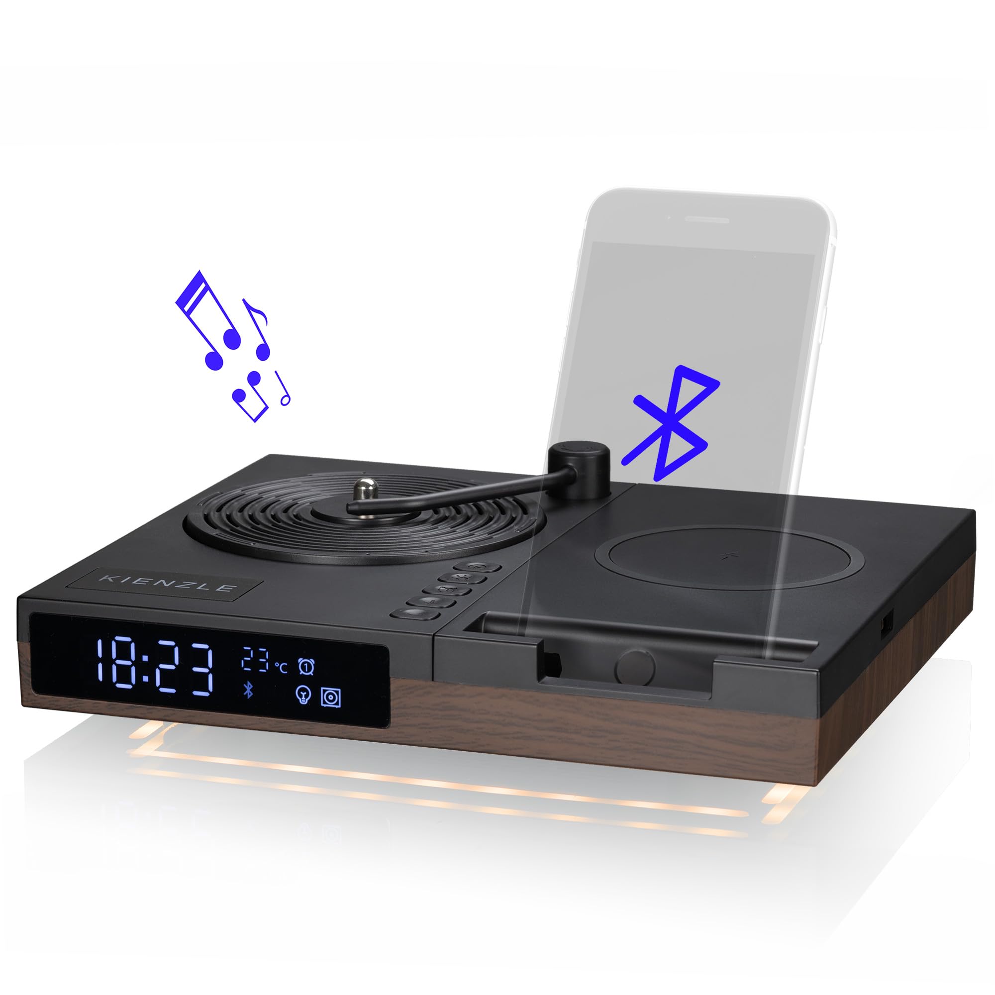 Kienzle Despertador Retro con Altavoz Bluetooth y Carga inalámbrica 15 W | Diseño de tocadiscos, temperatura, dos alarmas, luz ambiental con tres niveles de brillo, soporte para móvil, adaptador