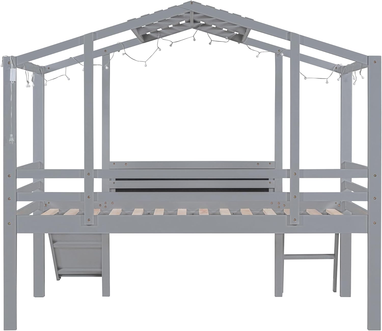 SOFTSEA Twin Low Loft Bed with Slide House Bed with Blackboard Kids Loft Bed with Light Strip on the Roof
