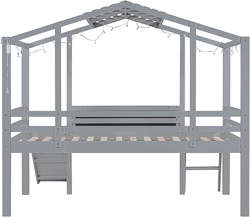 Miniatura 186 de RUNNA Marco de cama de madera de tamaño matrimonial con valla, para niños, adolescentes, niñas, niños, (Natural-Thinck 4col) Natural-Thinck