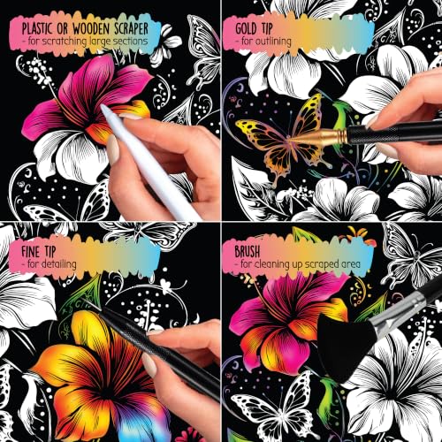Image of Scratch Art Book for Adults - Floral Series, 10 Rainbow Art and Crafts for Adults