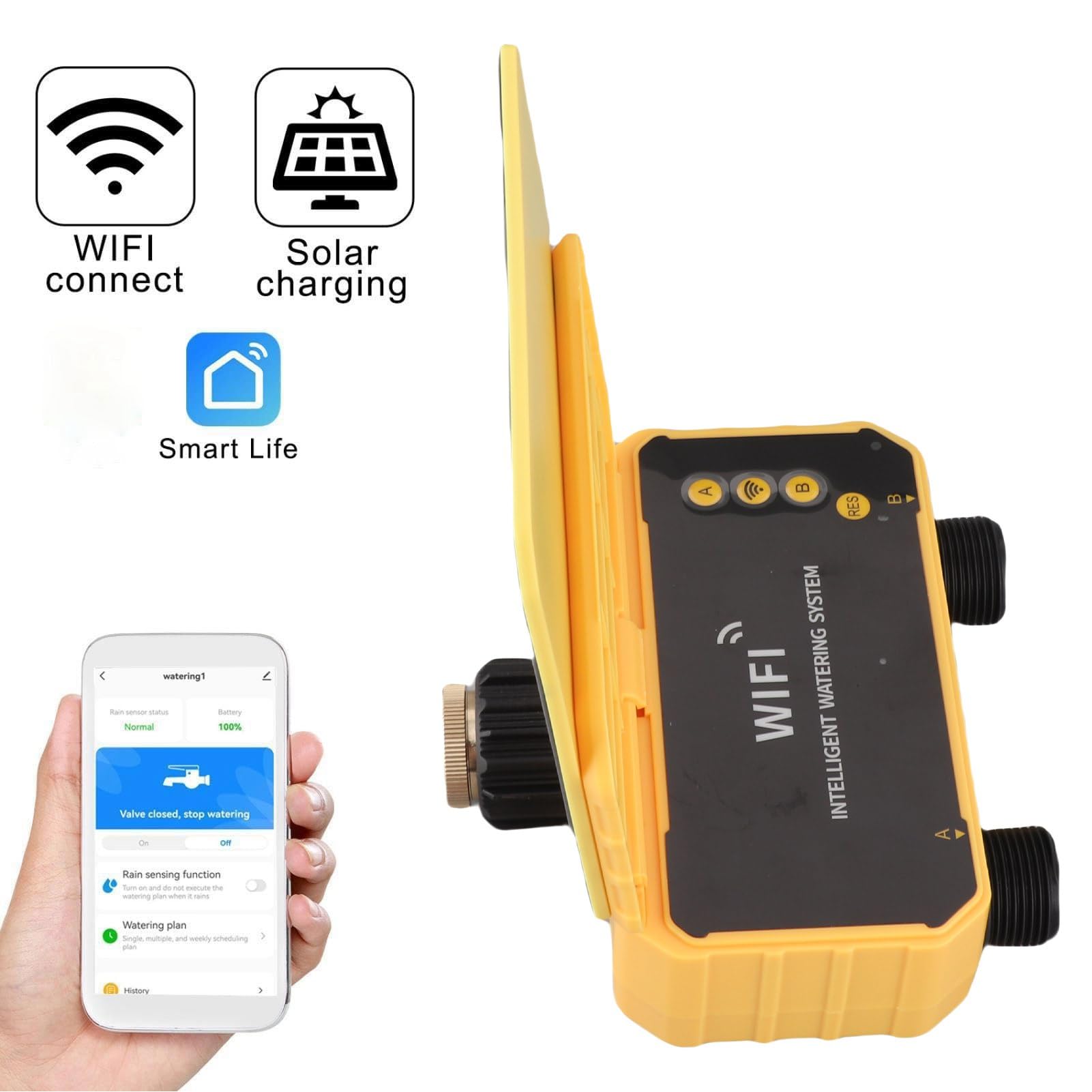 Temporizador de Aspersores, Control de Aplicación de Retardo de Lluvia, de Riego Solar WiFi de 2 Zonas, Temporizador de Manguera de Jardín con Filtro de Agua para Sistemas de Riego de