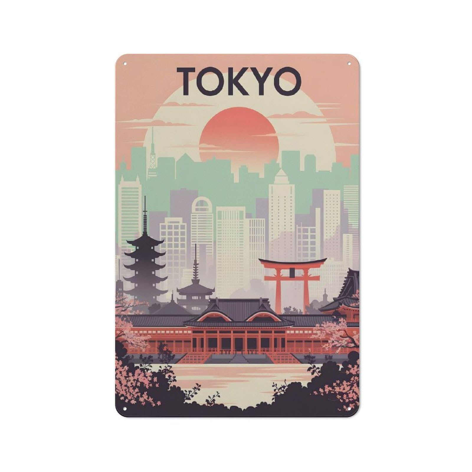 Urban Decorative Metal Plaque 30x20cm Featuring Tokyo Cityscape Art Deco, Loft Wall Plaque for Loft, Studio, Office Or Creative Room