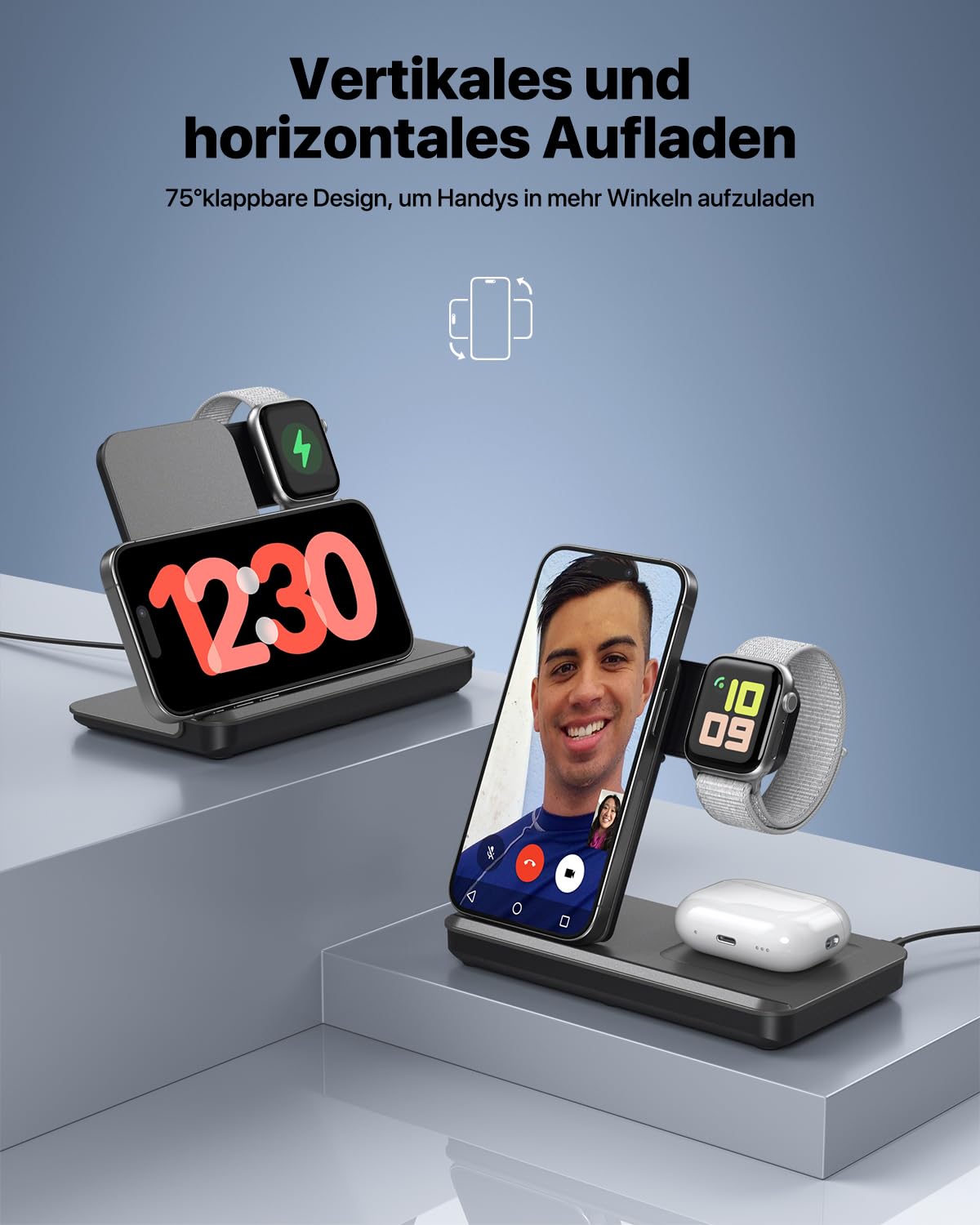 Induktive Ladestation für Apple Watch und iPhone, Kabelloses Ladegerät 3 in 1 Wireless Charger Kompatibel mit iPhone 16 15 14 13 12 MagSafe Gerät, Apple Watch Serie, AirP0ds Pro 3 2 (Weiß)