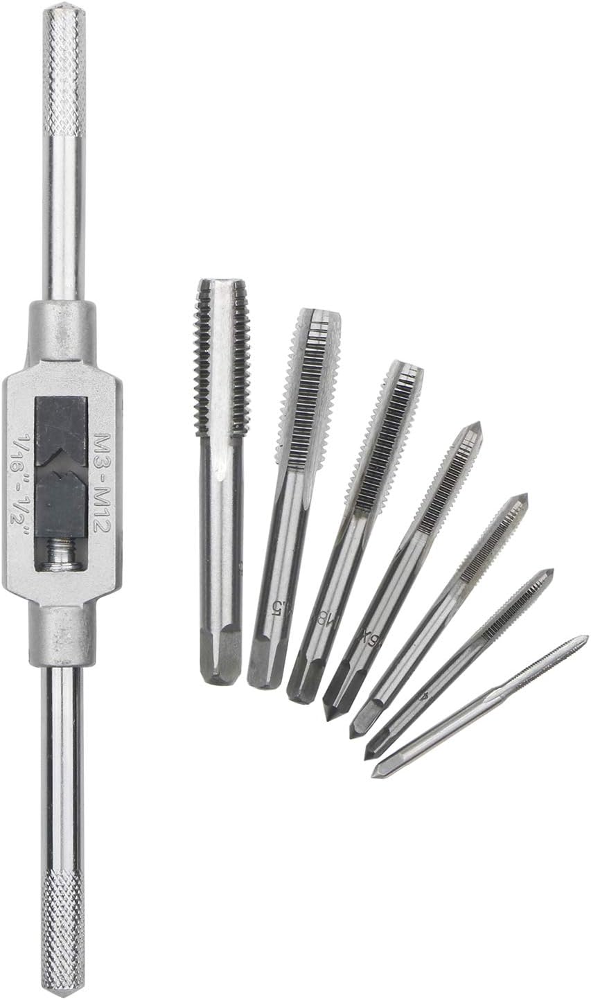 8Pcs Tap Wrench Set, Metric Tap Set M3 M4 M5 M6 M8 M10 M12 with Adjustable Tap Reamer Wrench, Hand Screw Thread Plug Taps, Hardware Tool 1/16-1/2 Inch