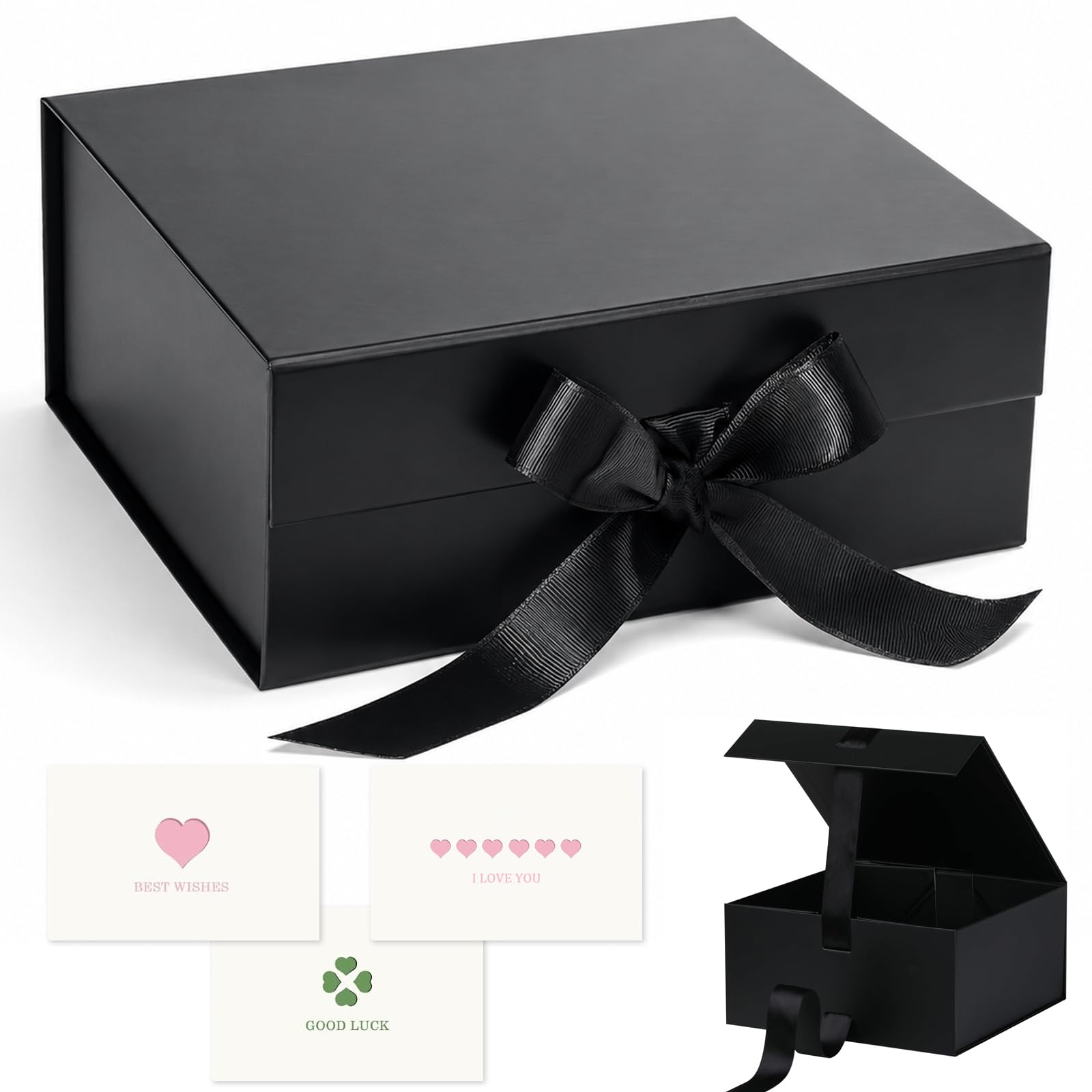 Black Gift Box with Magnetic Lid, 22x16x8.7cm Folding Gift Boxes for Presents, Medium Cardboard Presentation Box with Ribbon and 3 Greeting Cards, Luxury Black Box for Birthday, Wedding, Anniversary