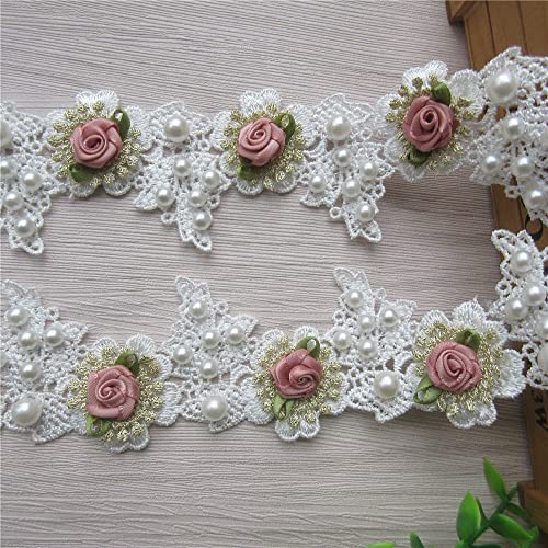 100Cm Vintage Pearl Rose Flowers Lace Trim Fabric Rhinestone Embellishment Floral Appliques Lace Ribbon Ornaments Handmade Diy Sewing Craft For Costume Hat Decoration 1.96" Wide (White) #TOP3