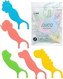 Unflavored Kids Floss - No Fluoride Dual Line Dental Floss Picks - Fun Oral Care in Colorful Floss Sticks Design - Kids Flossers Avoid Tooth Decay & Gum Disease - 80 Count Dino