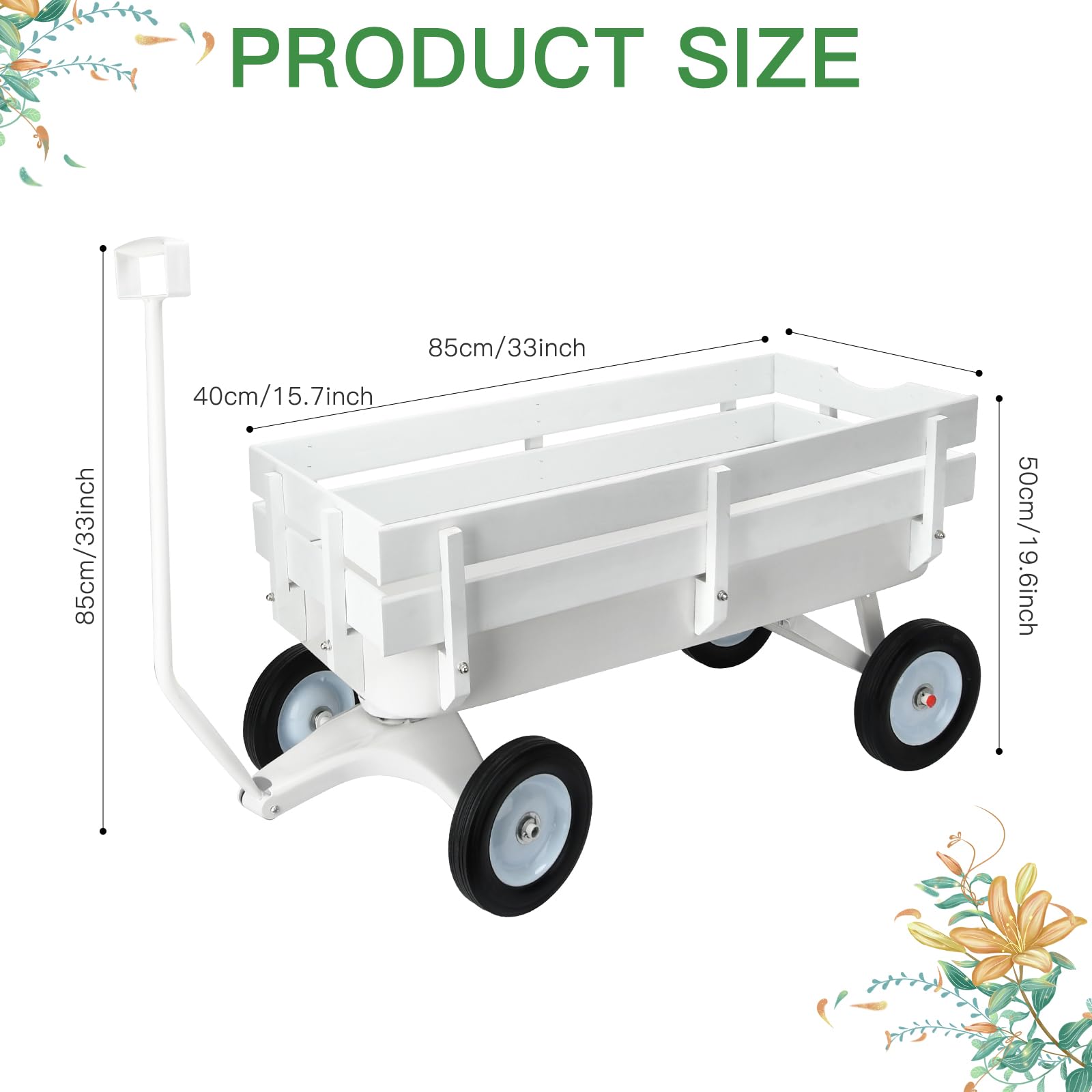 HDYEGIOU All-Terrain Cargo Wagon - White Flower Girl Wagon Pull Along with Removable Wooden Side Panels, Big Tires and Wide Grip Handle for Weddings, 33' L x 15.7' W x 19.6' H