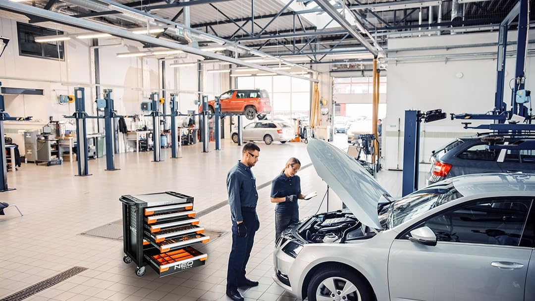 NEO TOOLS PRO wózek warsztatowy wyposażony w 329 części, 7 szuflad, profesjonalna szafka narzędziowa, stal SPCC, aluminiowy blat roboczy, wkładki EVA, nośność 300 kg
