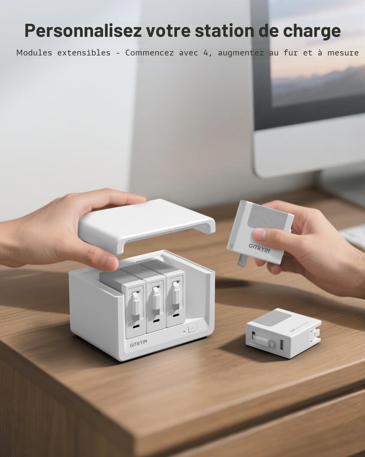 Gitryin Station de chargement de bureau 12 en 1 avec 4 chargeurs muraux rétractables, multiprise USB-C 40W avec 4 AC, 4 USB C, 4 câbles Type-C de 85 cm, rallonge avec protection contre les surtensions