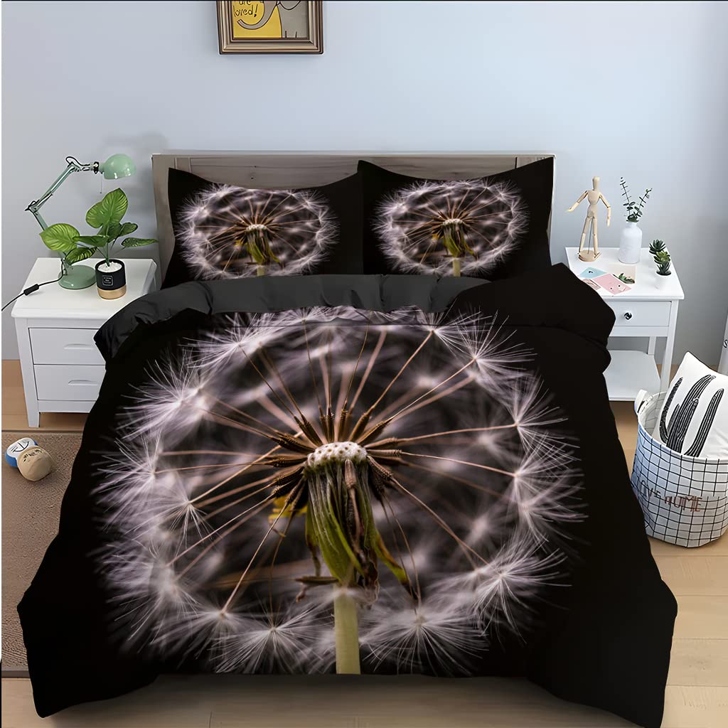 Housse de couette 90x190 pissenlit noir en microfibre 110g/㎡ douce pour lit enfant ado