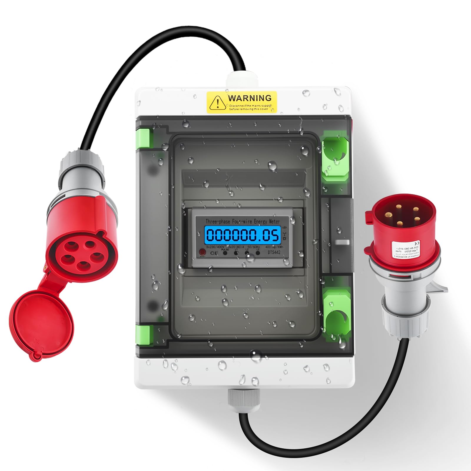 Mobiler Stromzähler 3 Phasen, 32A 380V Mobiler Digitaler Digitalzähler mit CEE Stecker und Kupplung, Digitaler Zwischenzähler mit Reset, IP65 Wasserdichtem Gehäuse