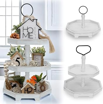 3 Tiered Tray Stand White Tier Serving Tray, Three Decorative Trays, Wooden Cupcake Stand 3 Tiered Farmhouse Tray for Home DecorL 13.8 W 12.5 H 21.8