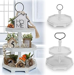 3 Tiered Tray Stand White Tier Serving Tray, Three Decorative Trays, Woo...