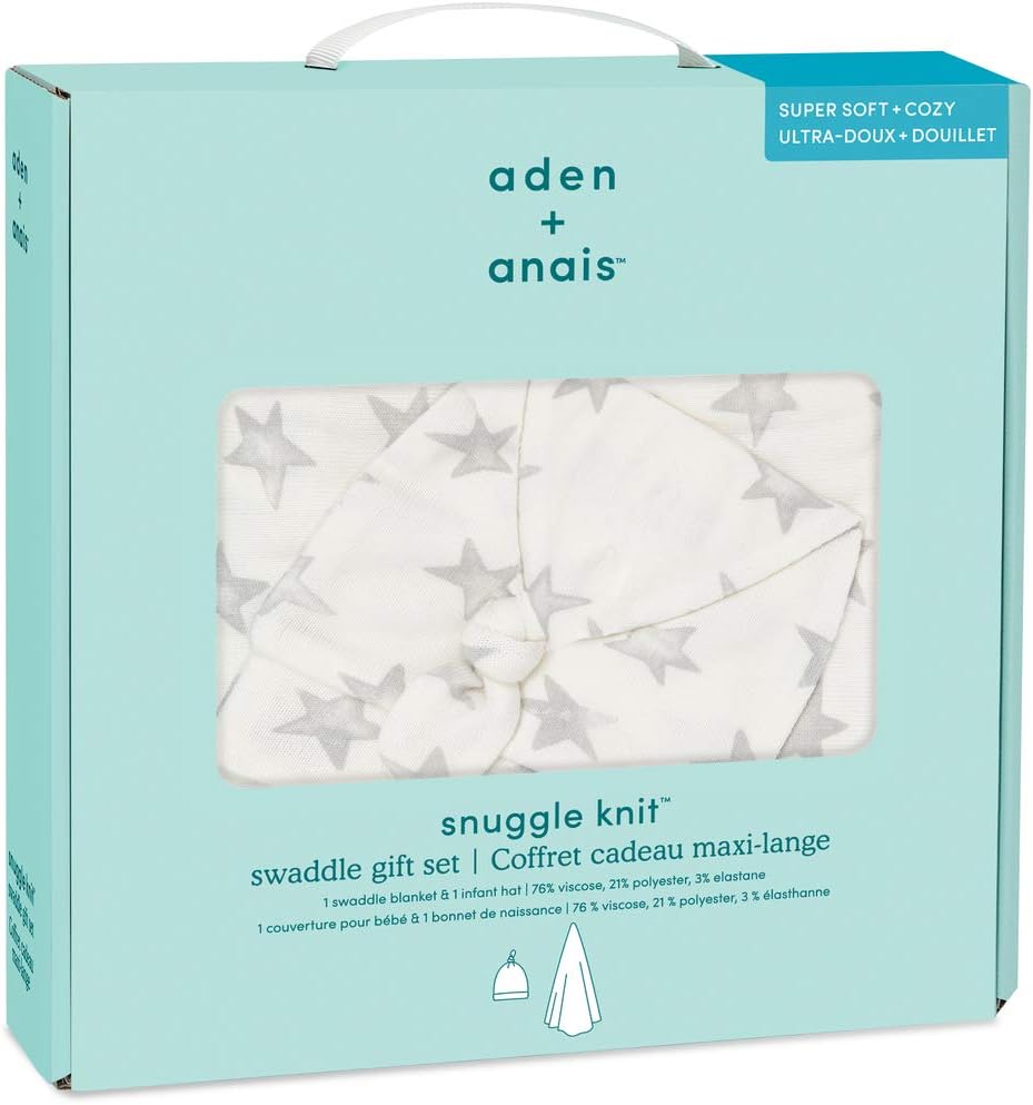 aden + anais Snuggle Knit Baby Swaddle Blanket and Infant Hat Set, Super Soft and Stretchy, Newborn Baby Girl and Boy Gifts, Star
