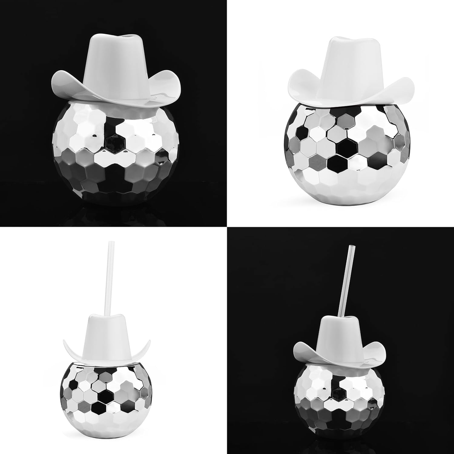 ALINK Disco Ball Cups with Cowboy Hat Lids and Straws, 20 OZ Silver Sparkly Disco Party Tumbler, Novelty Cups for Hen Bachelorette Party, Bride Shower Decorations, Pack of 2 - Image 8