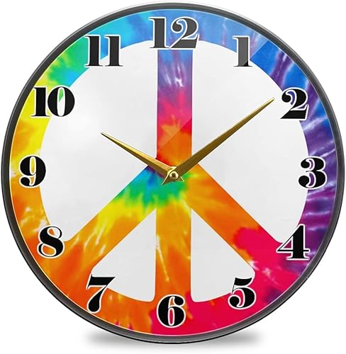 ALAZA Reloj de pared con símbolo de la paz con teñido anudado, funciona con pilas, silencioso, sin tictac, para decoración de sala de estar, 12