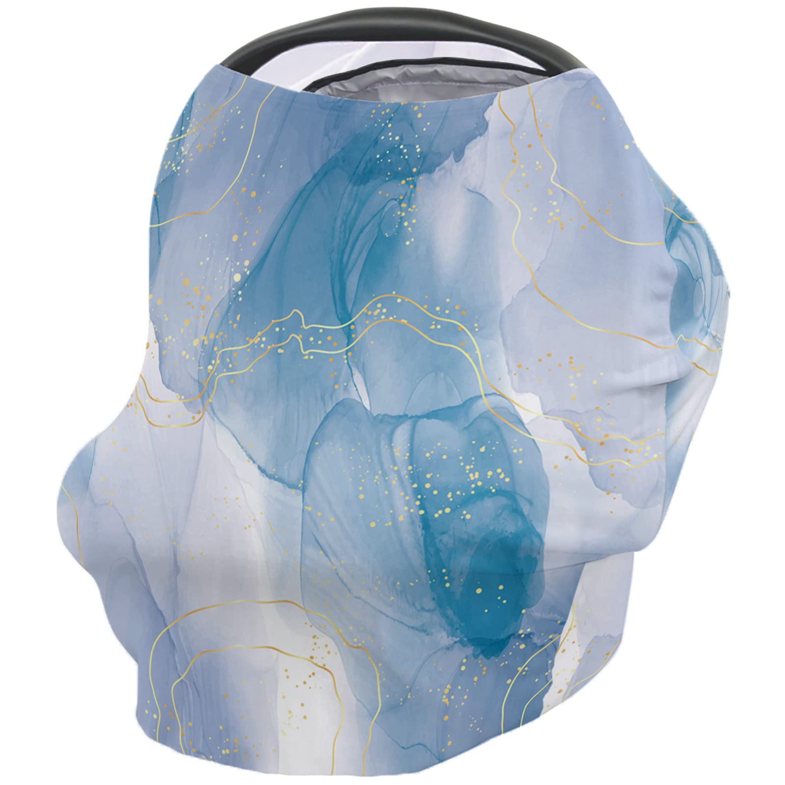 Nursing Cover for Breastfeeding Scarf, Blue Marble Texture Gold Line Overlap Gradient Baby Car Covers Super Soft Multi Use for Canopy Shopping Cart Cover Blanket Stroller Cover