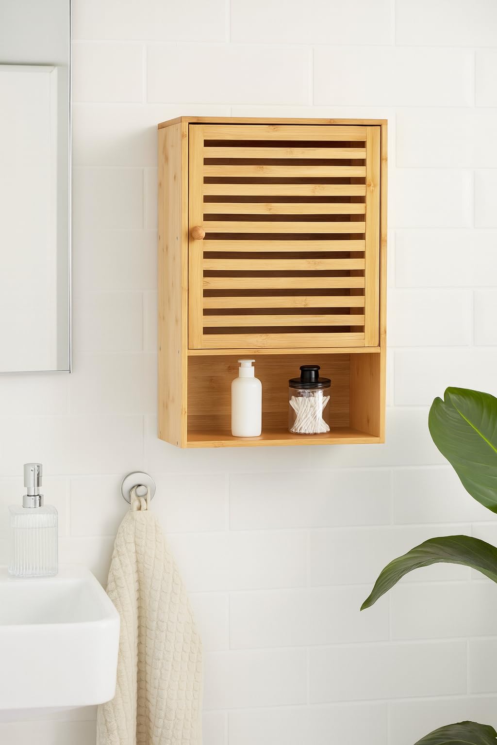 Armoire murale en bambou pour salle de bain, avec porte, étagères ouvertes, meuble de rangement, 60 x 40 x 20 cm, naturel