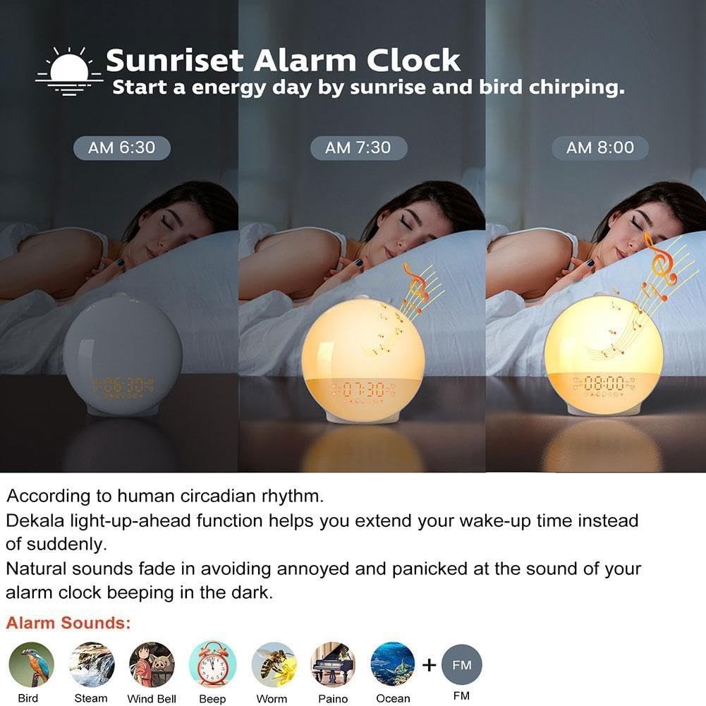 Reloj despertador de amanecer para niños con luz colorida y radio FM, luz de despertador con simulación de amanecer y atardecer