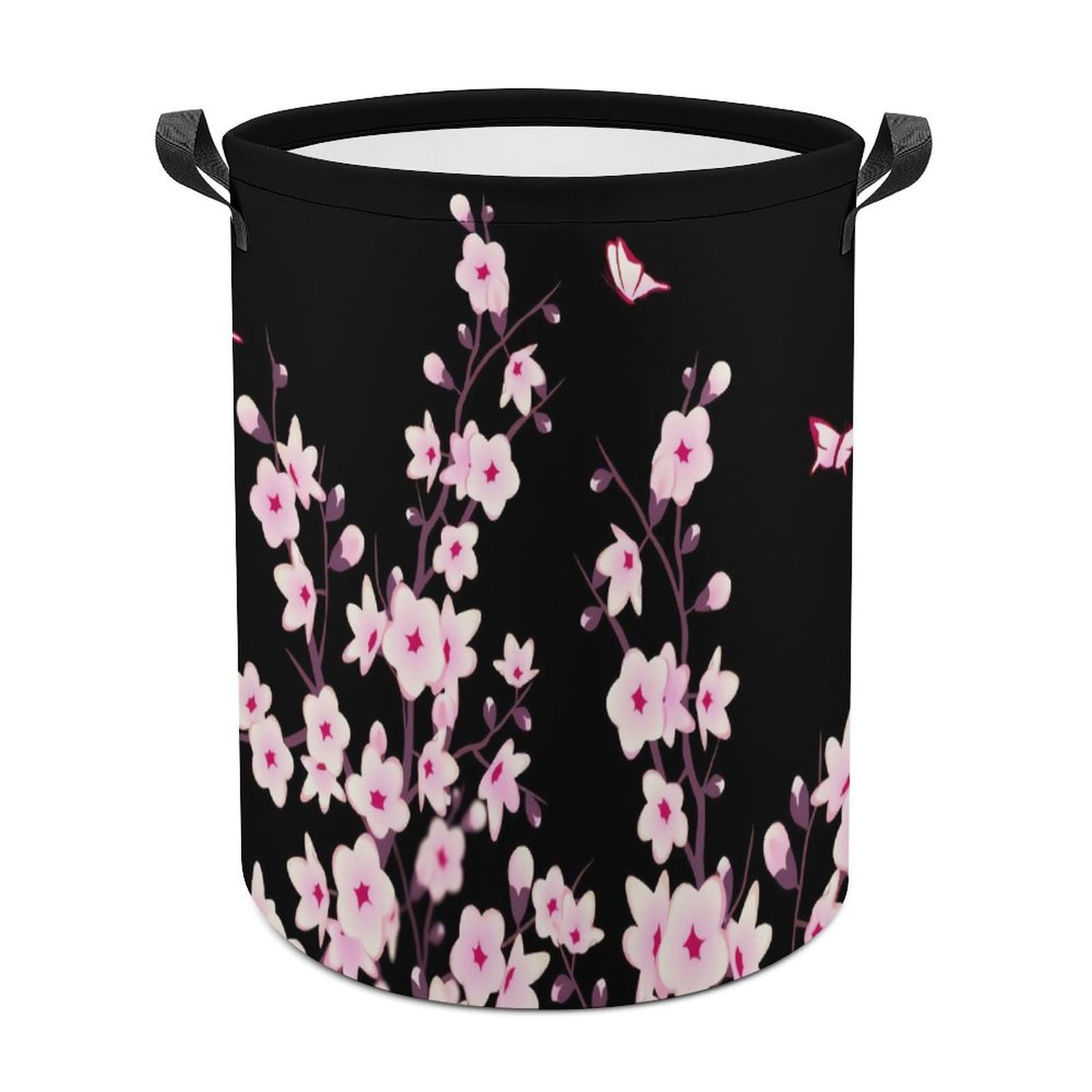 Floral Cherry Blossoms Black Pink Laundry Basket, Dirty Clothes Basket, Bathroom, Home Decor 44x44cm