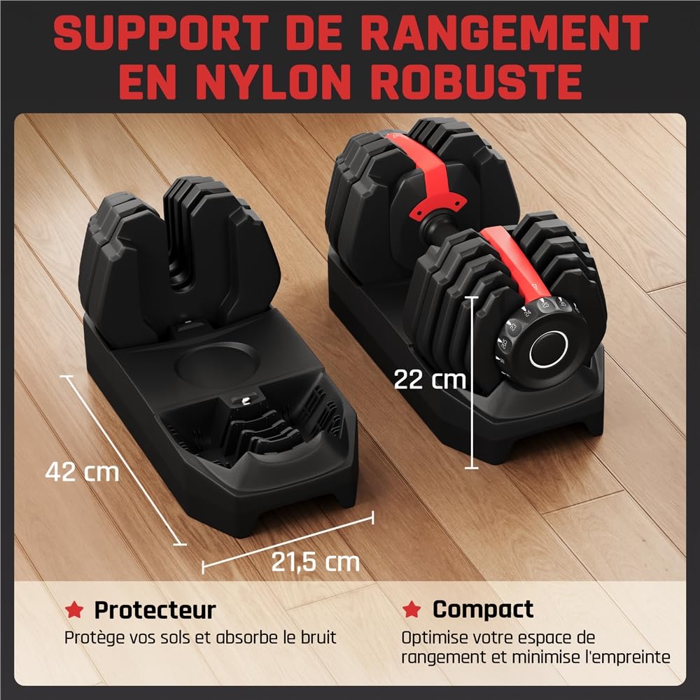 Yaheetech Haltères Réglables 2,5 à 24 kg 15 en 1 avec Base de Rangement, Système de Verrouillage de Sécurité, Poignée Antidérapante pour Entraînement à Domicile, Salle de Sport