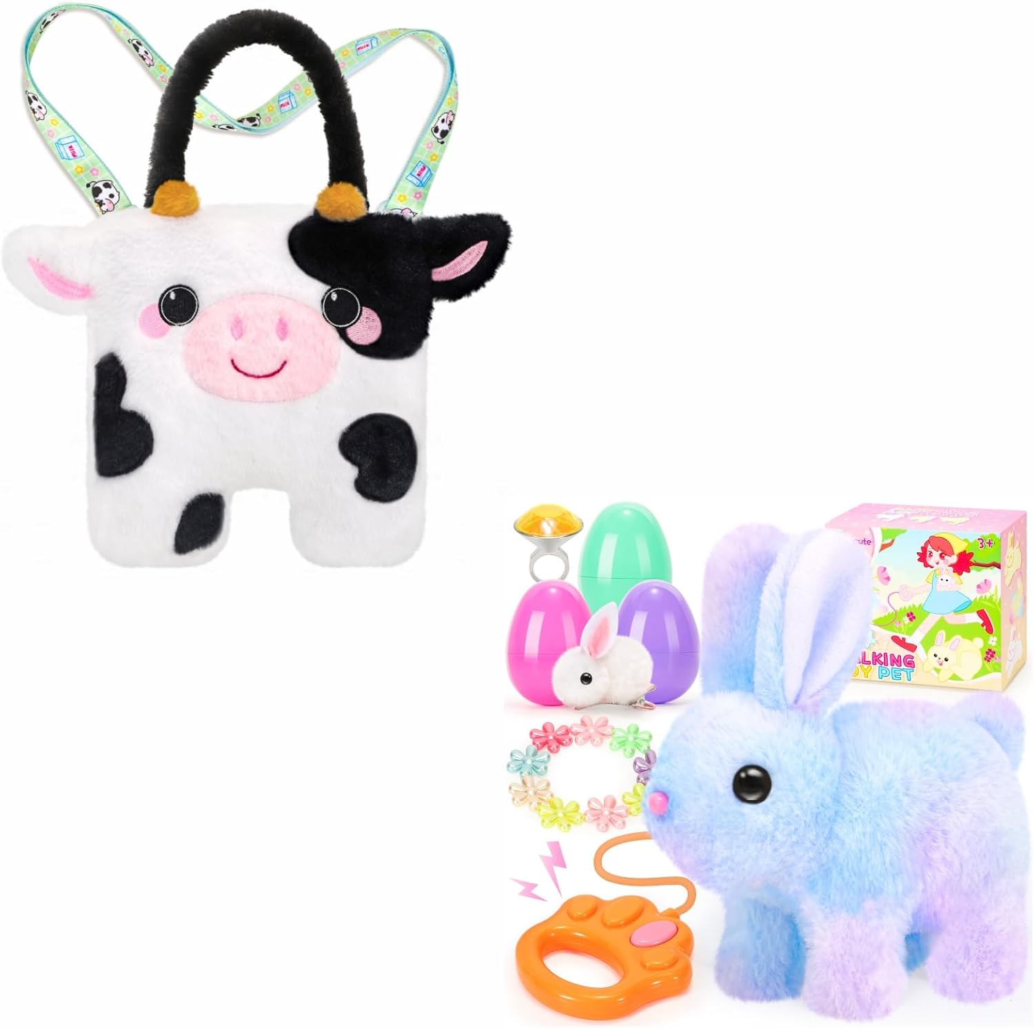 Plush Bunny Easter Toys and Cow Plush Bag for Kids