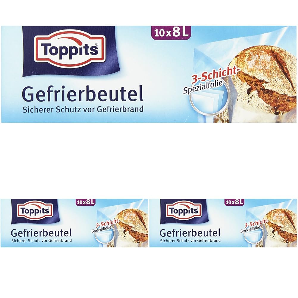 Toppits Gefrierbeutel, 8 Liter, Standboden, 10 Stück, Transparent (Packung mit 3)