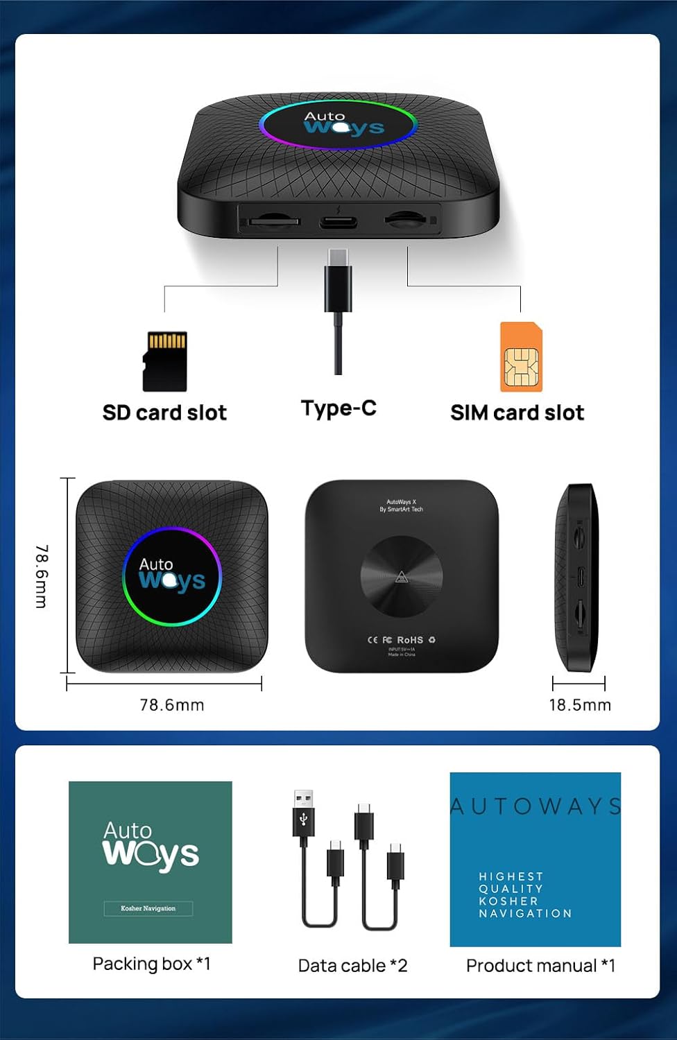 Jewish Hebrew GPS Navigation for Cars by Autoways | Simple Device Without Screen | 8GB RAM & 128GB ROM | Easy to Use GPS, Bluetooth | SD Card Slot, Hands-Free Calling & Music [US-Canada]