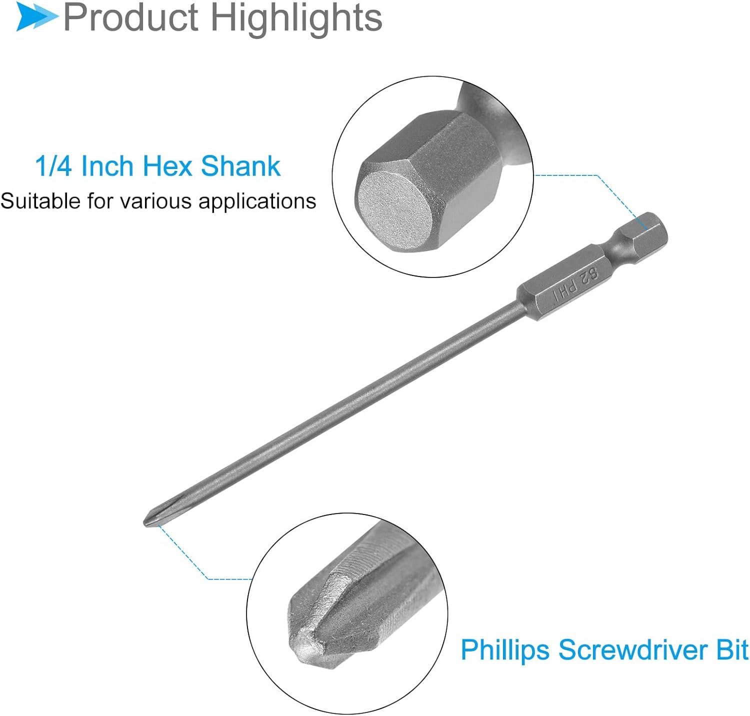 Phillips Cross Screwdriver Bits, PH1 100mm Long 1/4" Hex Shank, S2 Magnetic Phillips Drill Bit - (Applications: for Power Impact Driver), 3-Pieces