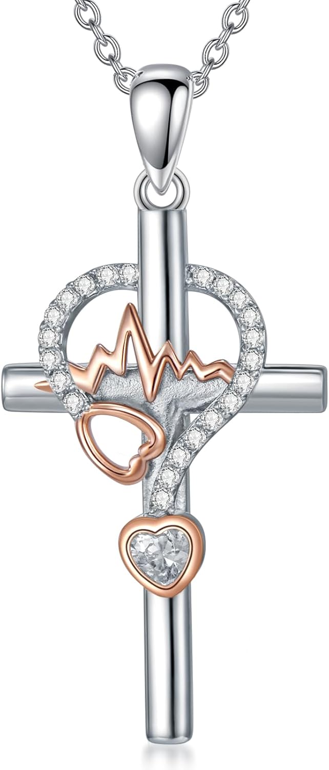 925 Sterling Silver Stethoscope Cross Necklace for Women, Nursing Medical Pendant Necklaces Doctor Nurse Graduation Jewelry Gifts for Her, 18+2 Inches