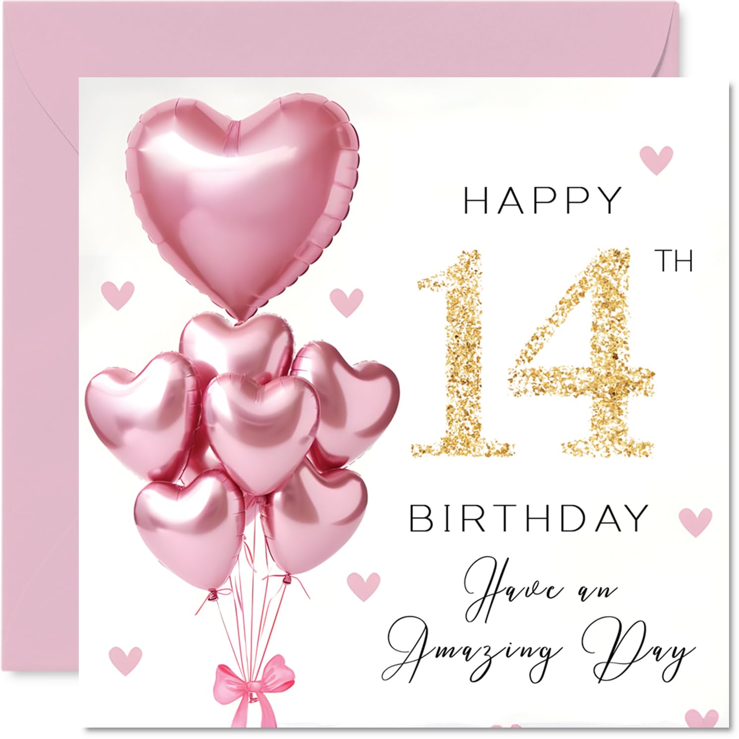 14th Birthday Cards for Girls - Pink Glitter Balloons - Happy Birthday Card for 14 Year Old Girl Great Niece Niece Goddaughter Granddaughter, 145mm Bday Greeting Cards